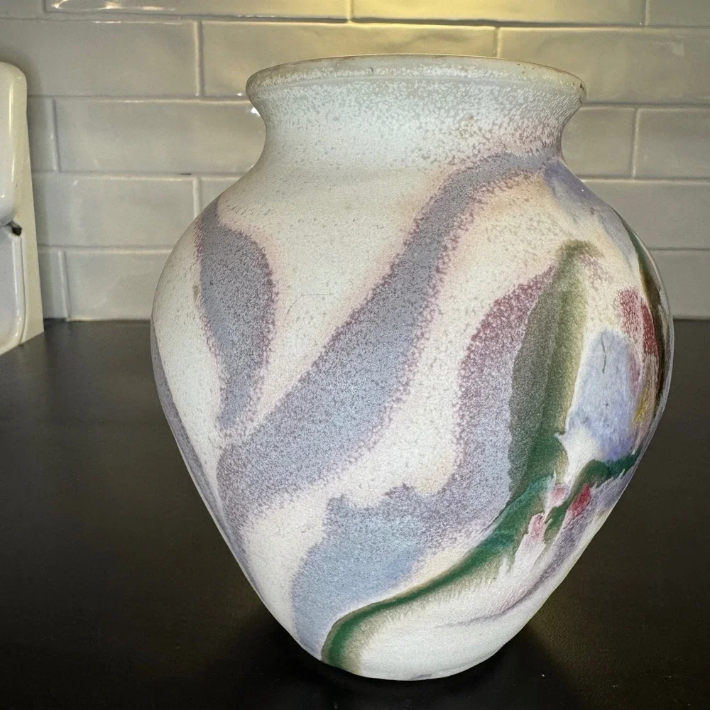 Cooper Studio Pottery Vase Home Decor 7in Cream Purple Green Hand Thrown Signed